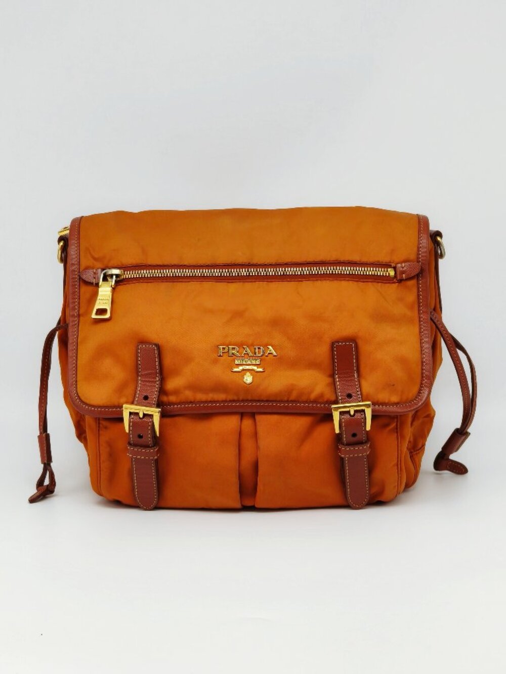 Prada Orange Nylon Messenger Bag Crossbody Shoulder Bag Leather Trim Vintage